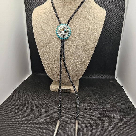Vintage Zuni Multi Stone Inlay Sunface Bolo Tie - Picture 3 of 5